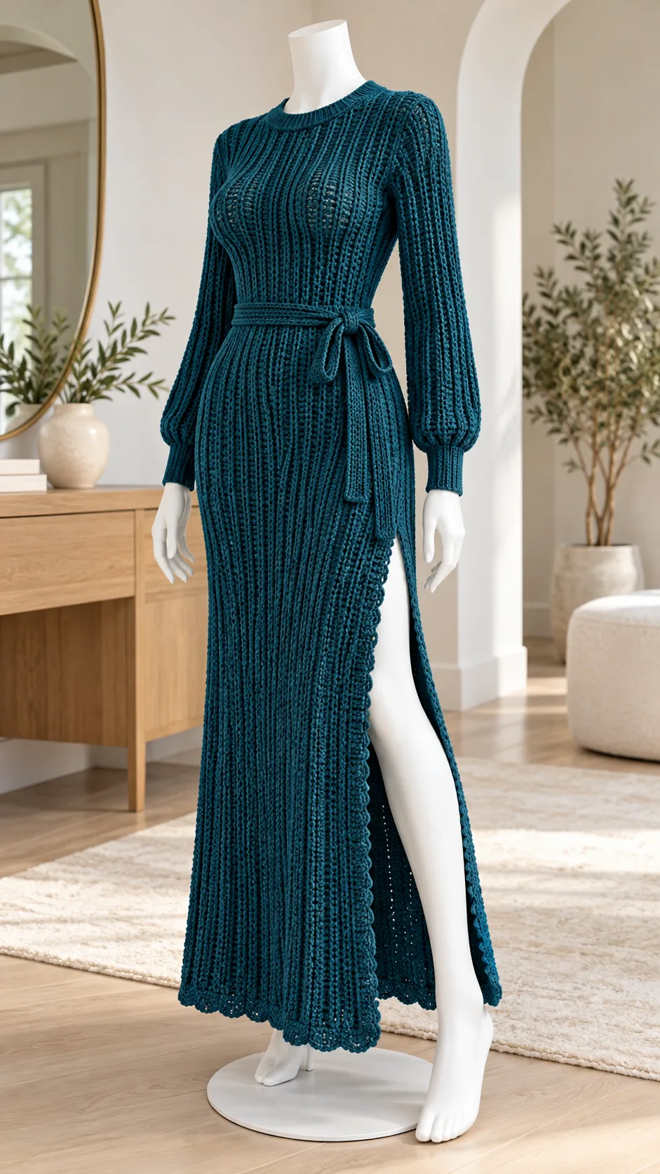 Teal Ribbed Evening Dress Crochet Pattern displayed on a mannequin