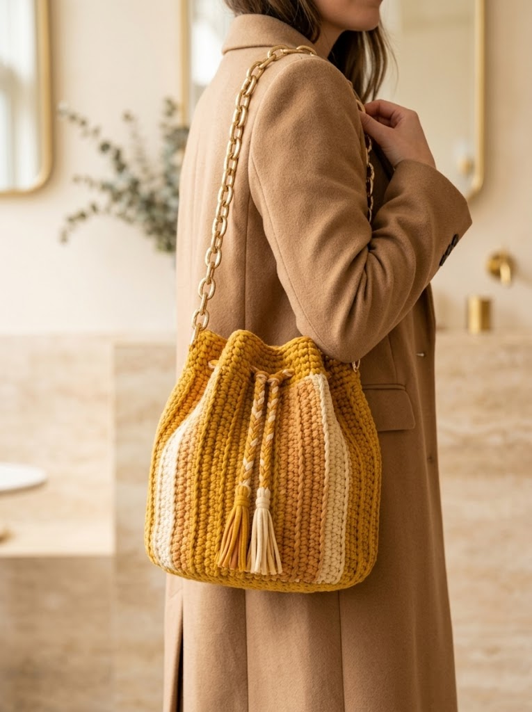 Warm Mustard Yellow Drawstring Bucket Bag Free Pattern