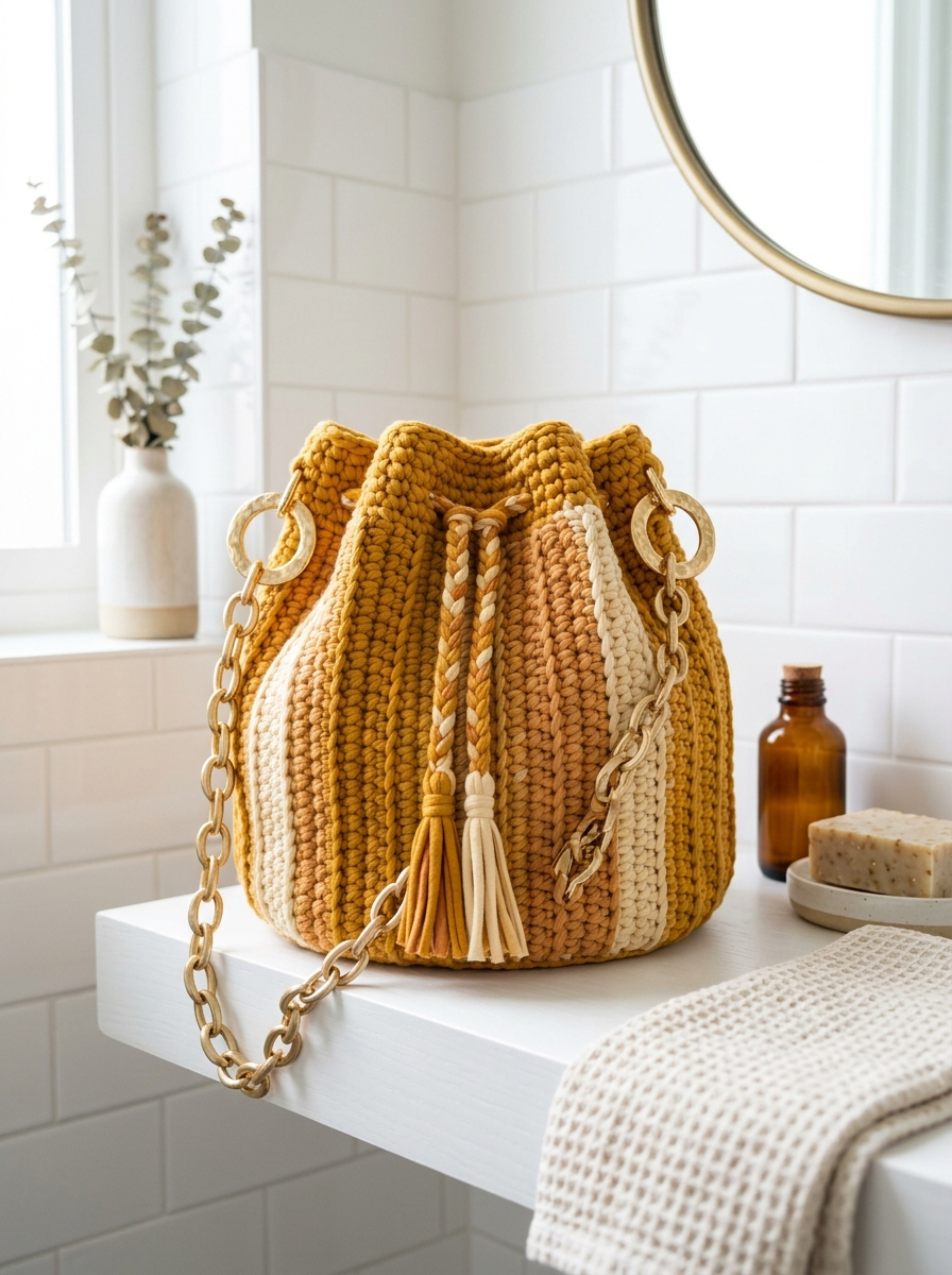 Warm Mustard Yellow Drawstring Bucket Bag Free Pattern