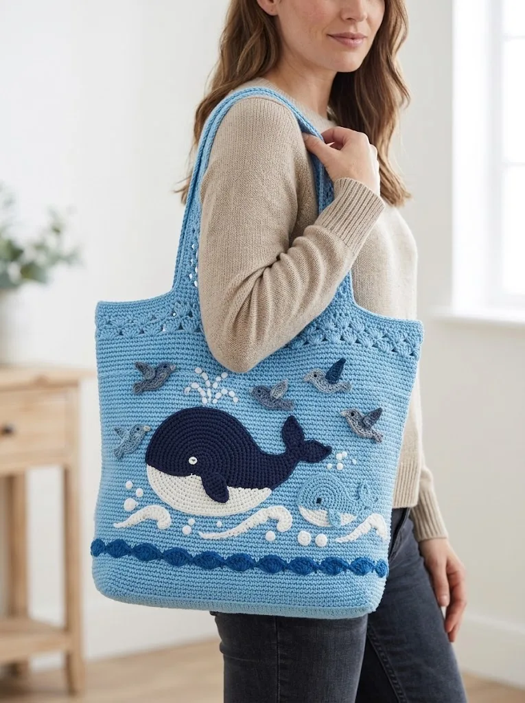 Whale and Wave Crochet Ocean Tote Free Pattern