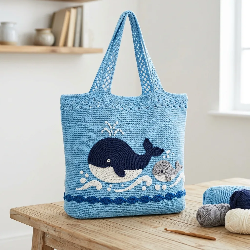 Whale and Wave Crochet Ocean Tote Free Pattern