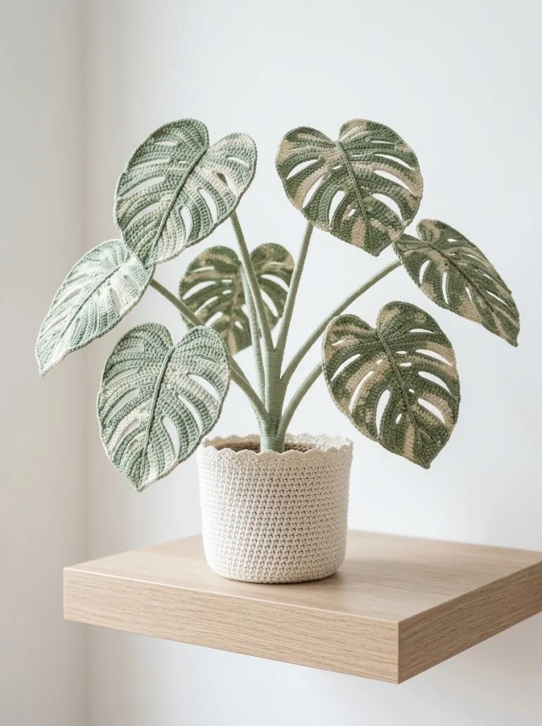 White and Sage Minimal Monstera Crochet Plant Pattern