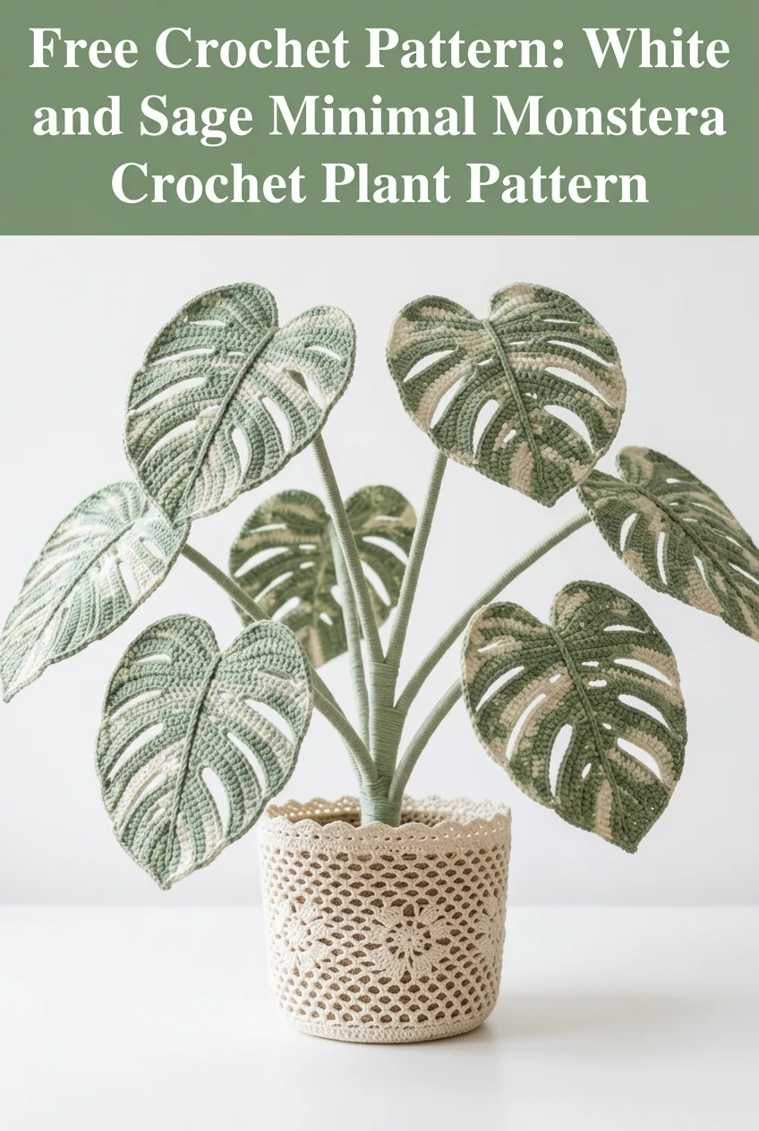White and Sage Minimal Monstera Crochet Plant Pattern