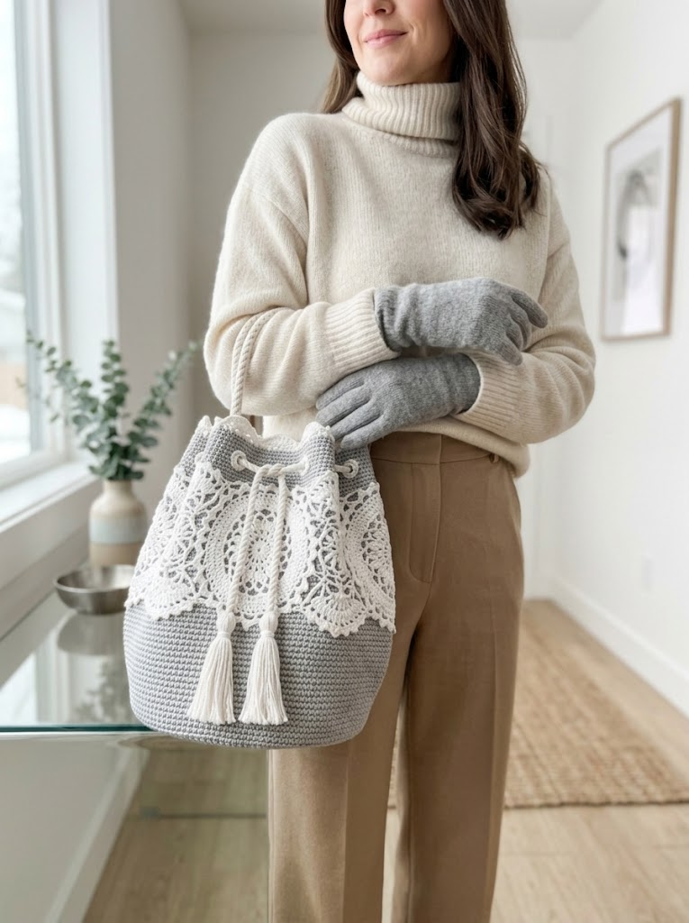 Winter White Snowflake Lace Bucket Bag Free Crochet Pattern