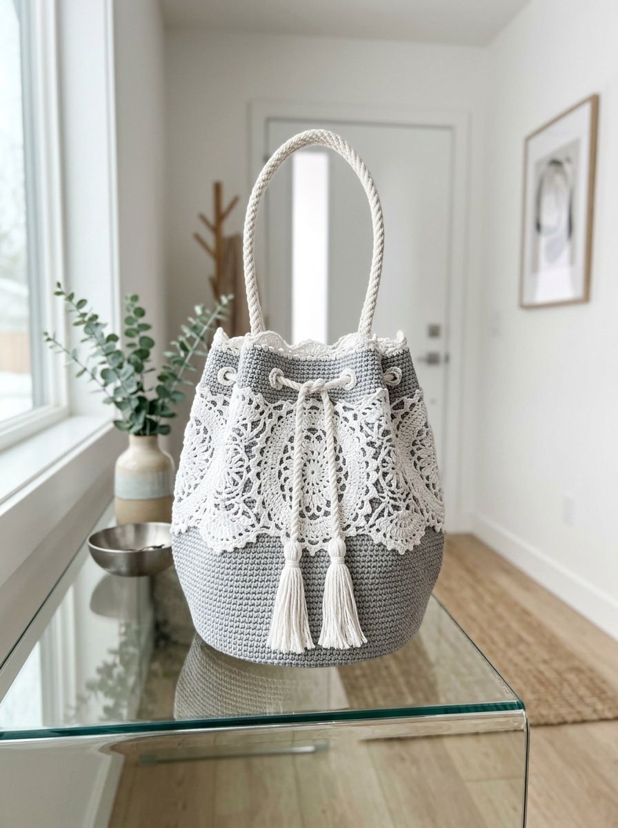 Winter White Snowflake Lace Bucket Bag Crochet Pattern (PDF Download)